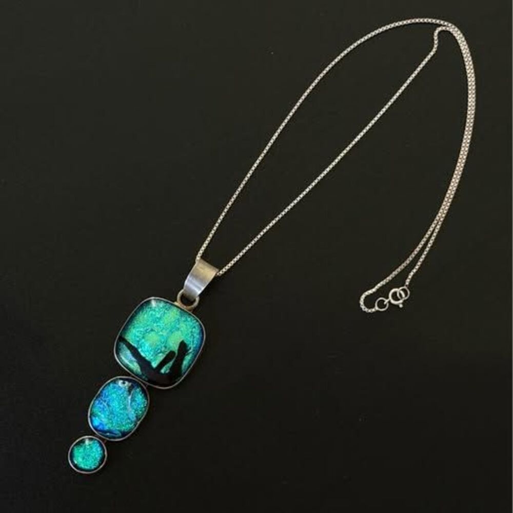 Dichroic Art Glass Sterling Silver Statement Pendant Necklace 17” – 3” Drop